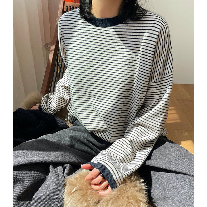 Women's Striped Fine Knit Sweater with Dropped Shoulder and Ribbed Collar Mune Fashion