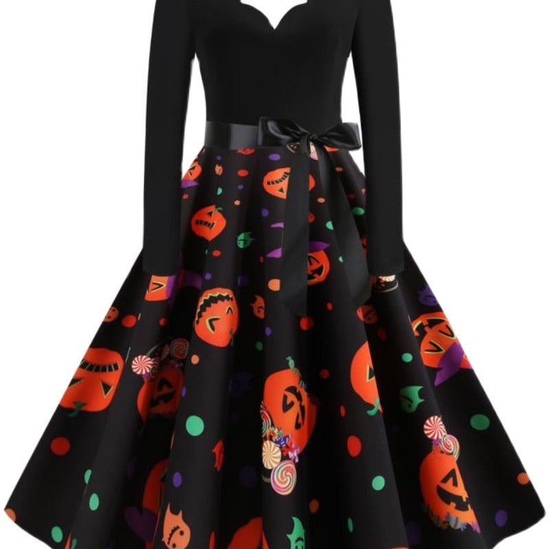 Women Retro Festive Halloween Dress with Wavy Neckline, Tailored Fit, and Soft Flared Skirt Mune Fashion