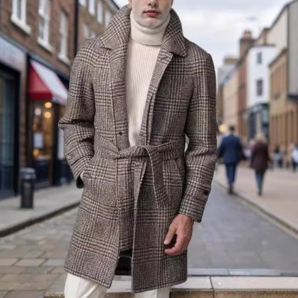 Men's Glencheck Wool Coat with Waist Belt and Stand-up Collar Mune Fashion
