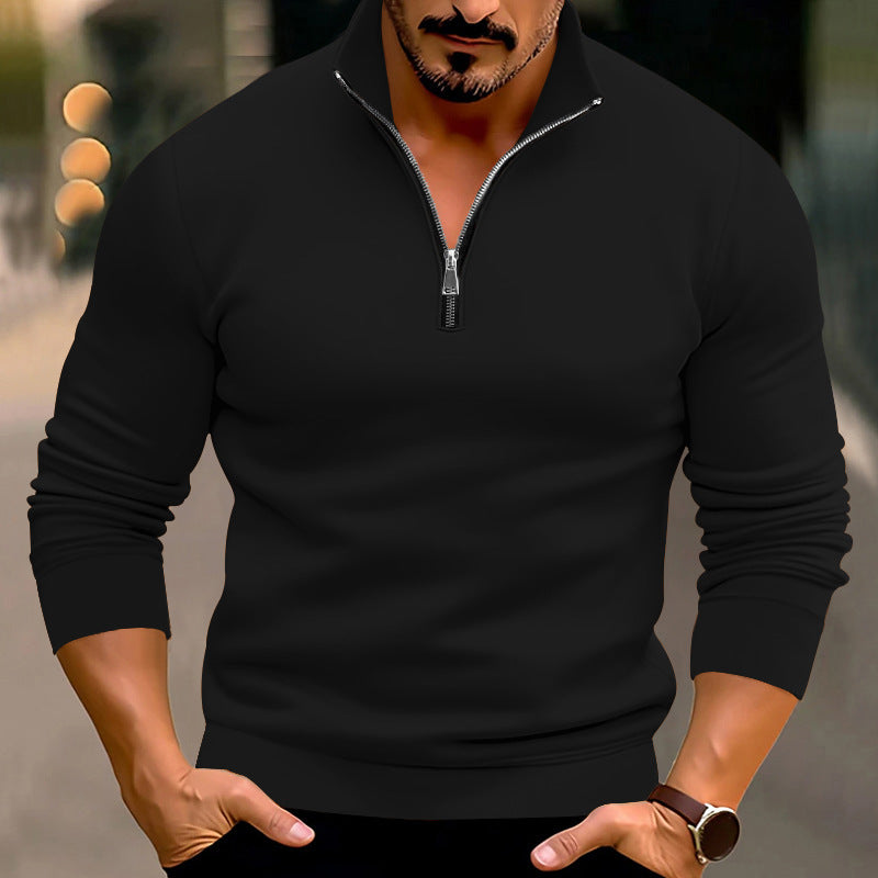 Men's fitted fine knit pullover with short zipper and stand-up collar Mune Fashion