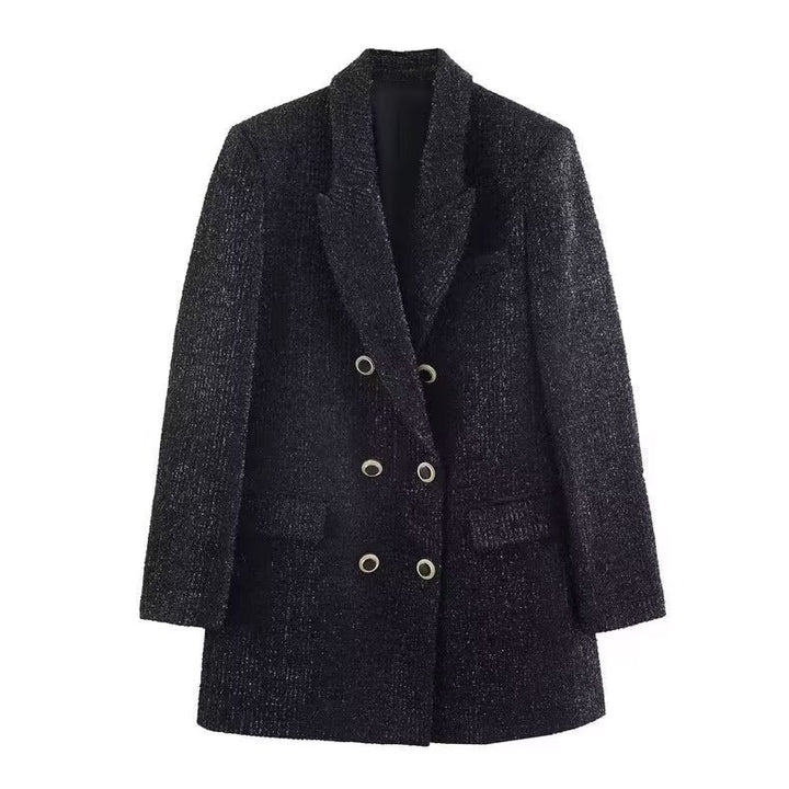 Women Double-Breasted Boucle Coat with Shawl Collar and Patching Pockets Mune Fashion