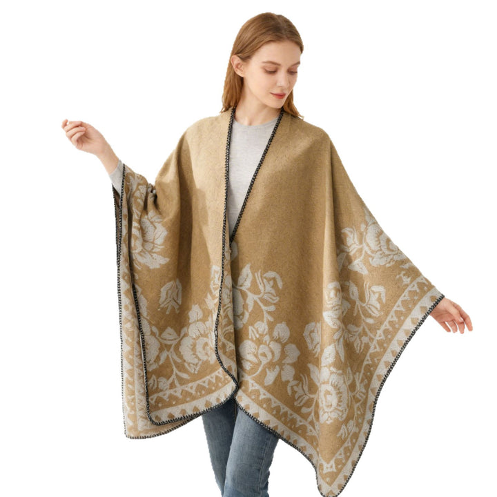 Women's Soft Oversized Cape Poncho in Flower Jacquard with Contrasted Overlocked Edge