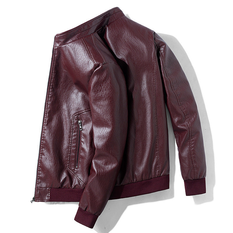 Men's Faux Leather Bomber Jacket with Ribbed Cuffs and Concealed Zipper Pockets Mune Fashion
