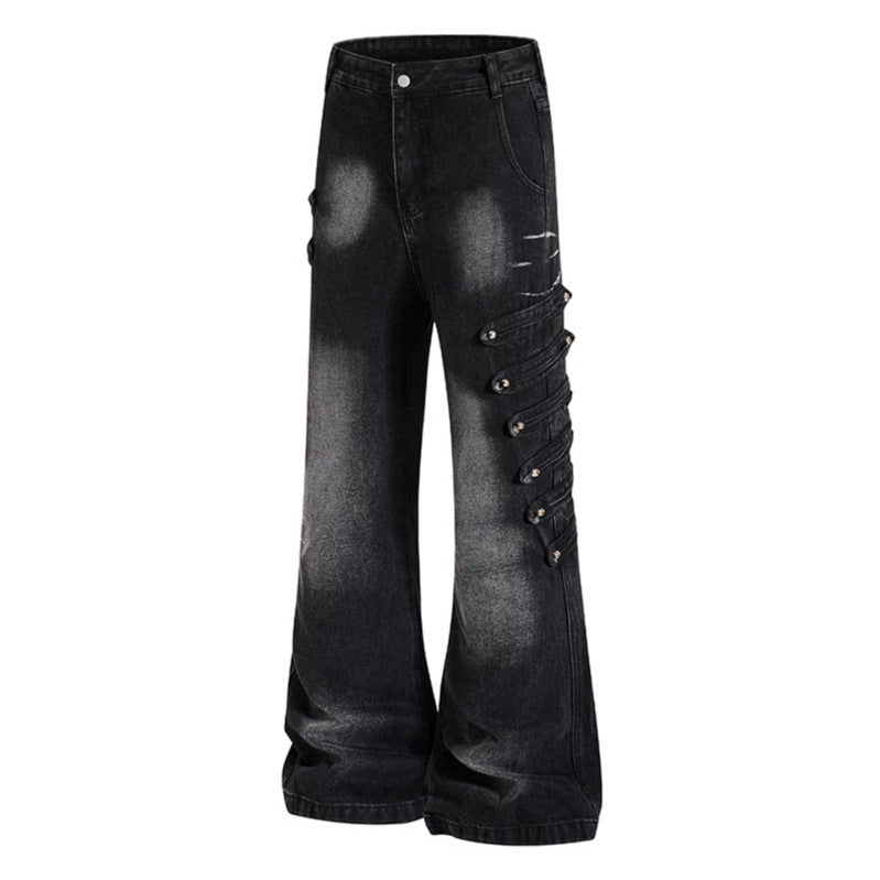 Ladies Wide Jeans Pants with Used Effect and Side Decorative Button Strips Mune Fashion