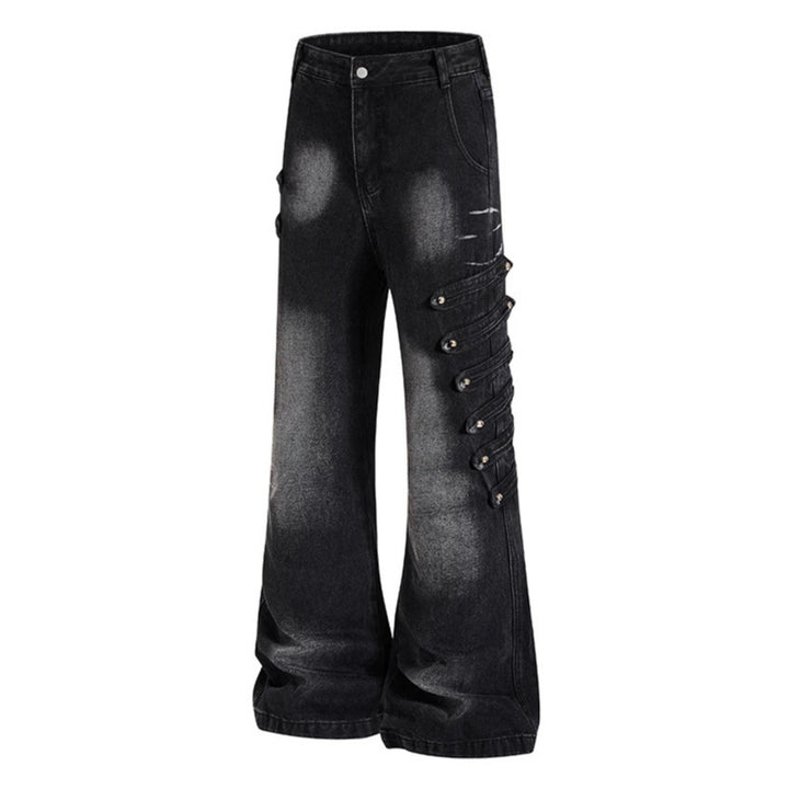 Ladies Wide Jeans Pants with Used Effect and Side Decorative Button Strips Mune Fashion