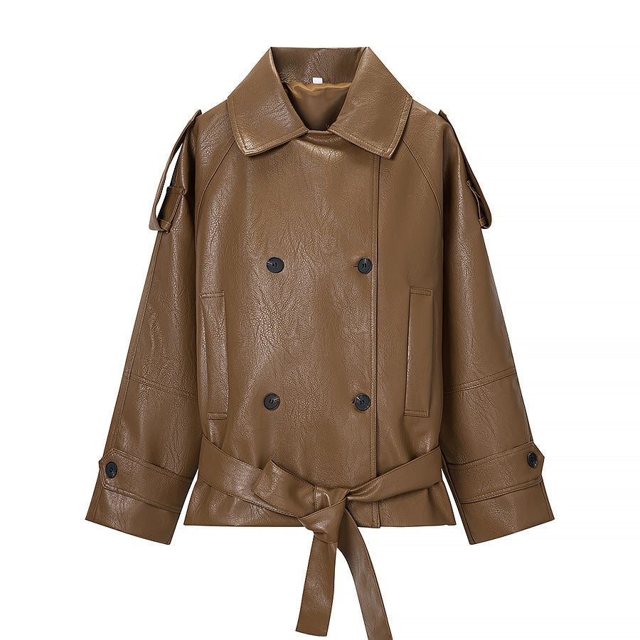 Women's Short Cut Faux Leather Trench Coat with Tie Belt and Shoulder Straps Mune Fashion