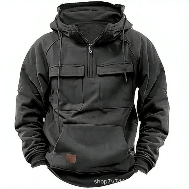 Men's functional hooded sweatshirt with half zipper, patch chest pockets, and kangaroo pocket Mune Fashion