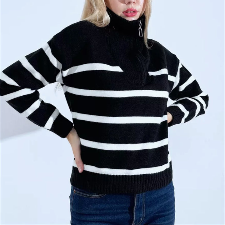 Women Striped Knit Sweater with Short Zipper and Polo Collar Mune Fashion