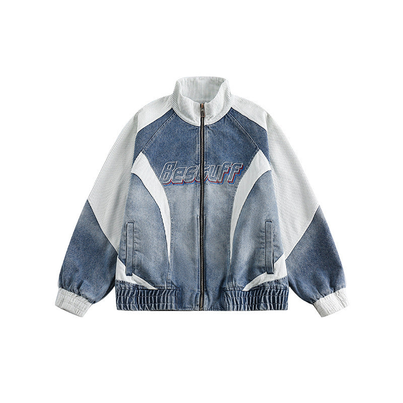 Unisex Boxy Jeans Jacket in Patchwork Look with Stand-Up Collar and Zipper Mune Fashion