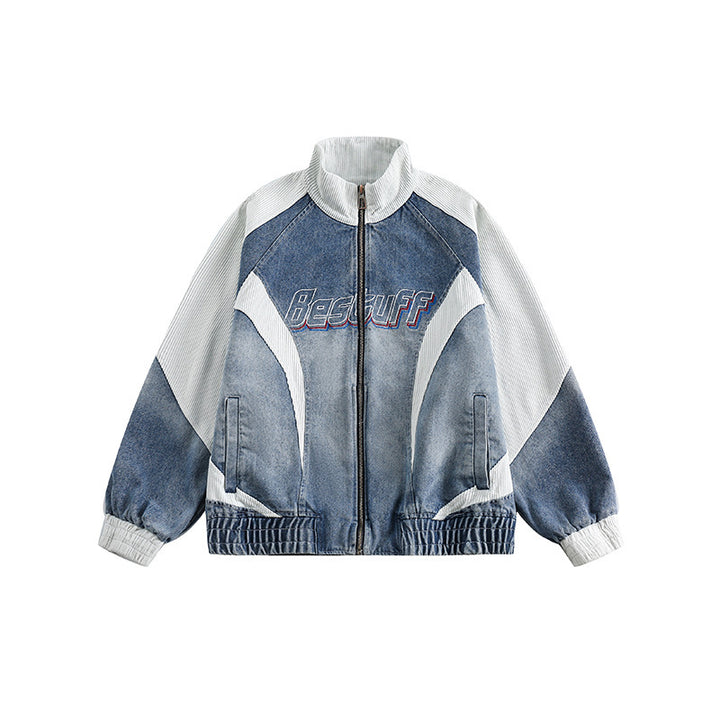 Unisex Boxy Jeans Jacket in Patchwork Look with Stand-Up Collar and Zipper Mune Fashion