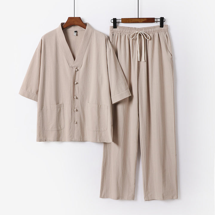 Men's kimono two-piece set made of linen blend with V-neck, patch pockets, and drawstring pants Mune Fashion