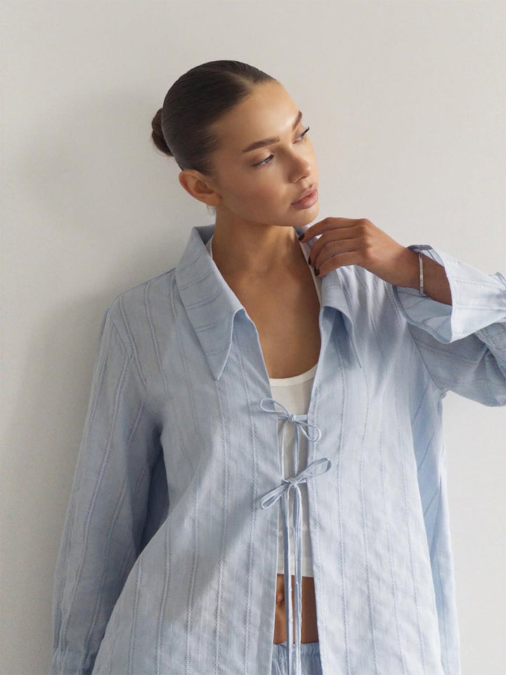 Women Loose Fitting Linen Look Blouse with Decorative Ties and Transparent Stripe Structure Mune Fashion