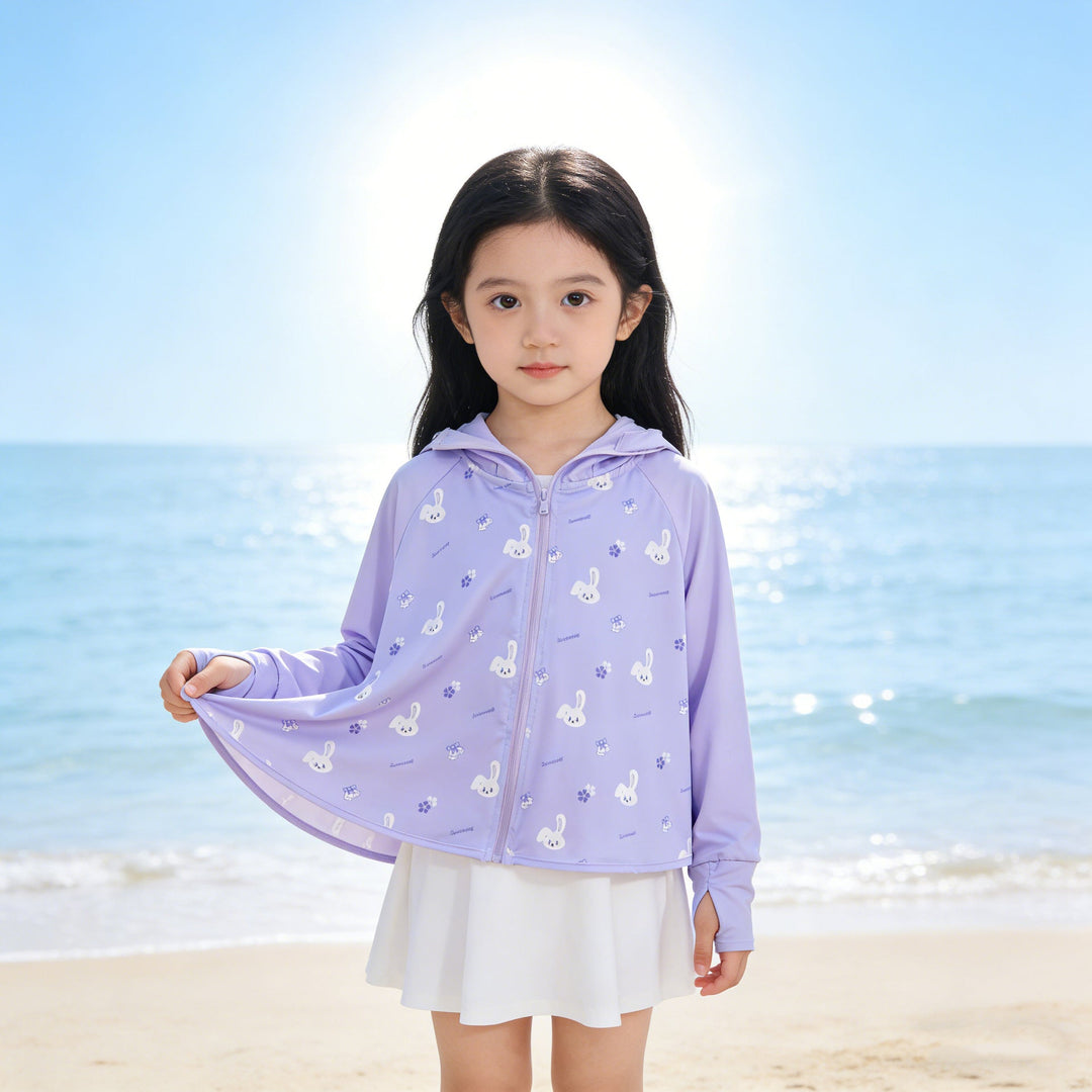 Unisex nan UV protection hooded cape for children with asymmetric A-line cut and rabbit print Mune Fashion