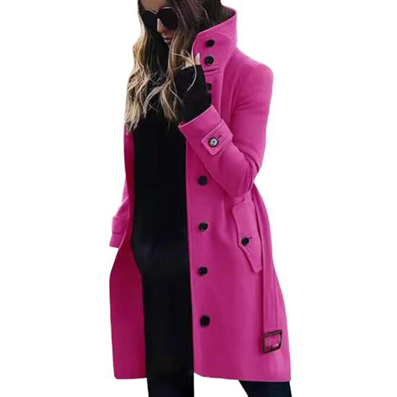 Women's tailored long coat with stand-up collar, concealed button placket and shaping seams Mune Fashion