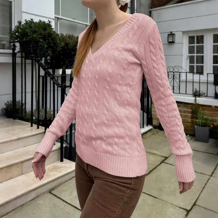 Women's fine knit pullover with cable pattern, deep V-neck and narrow waistband fit Mune Fashion
