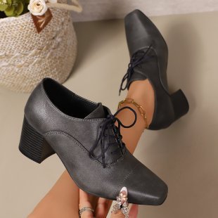 Women Elegant Lace-up Pumps with Square Toe and Mid-high Block Heel Mune Fashion