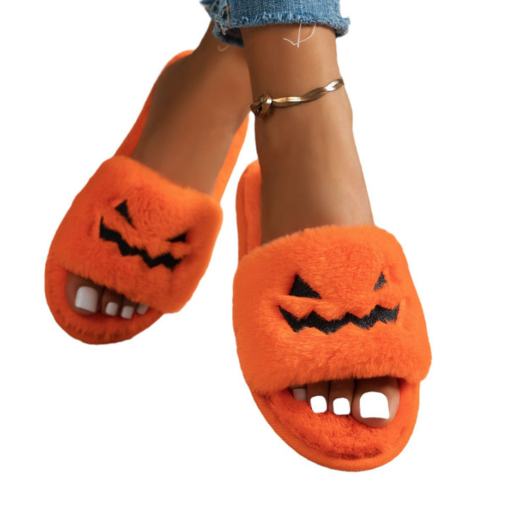 Ladies fluffy house slippers with embroidered pumpkin face and non-slip sole Mune Fashion