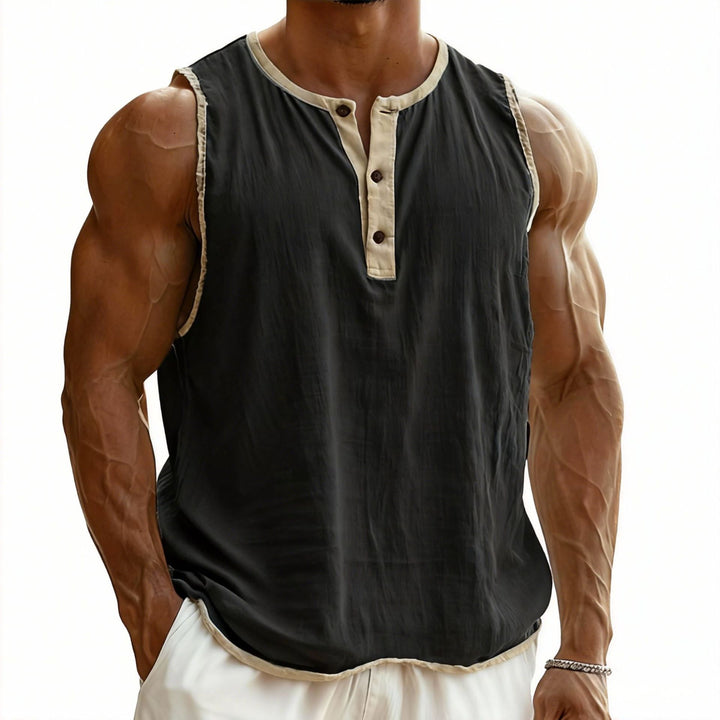 Men's sleeveless Henley muscle shirt with button placket and contrast trim Mune Fashion