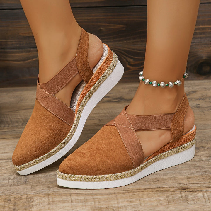 Women's velour slingback wedge with pointed toe cap, braided jute band, and cushioned outsole Mune Fashion
