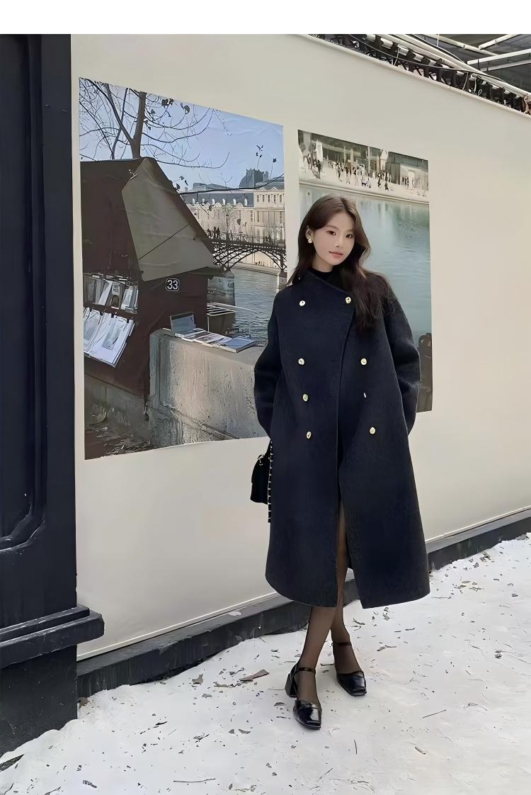 Women's Oversize Wool Blend Coat with Double-Breasted Button Placket, Stand-Up Collar and Dropped Shoulder Mune Fashion