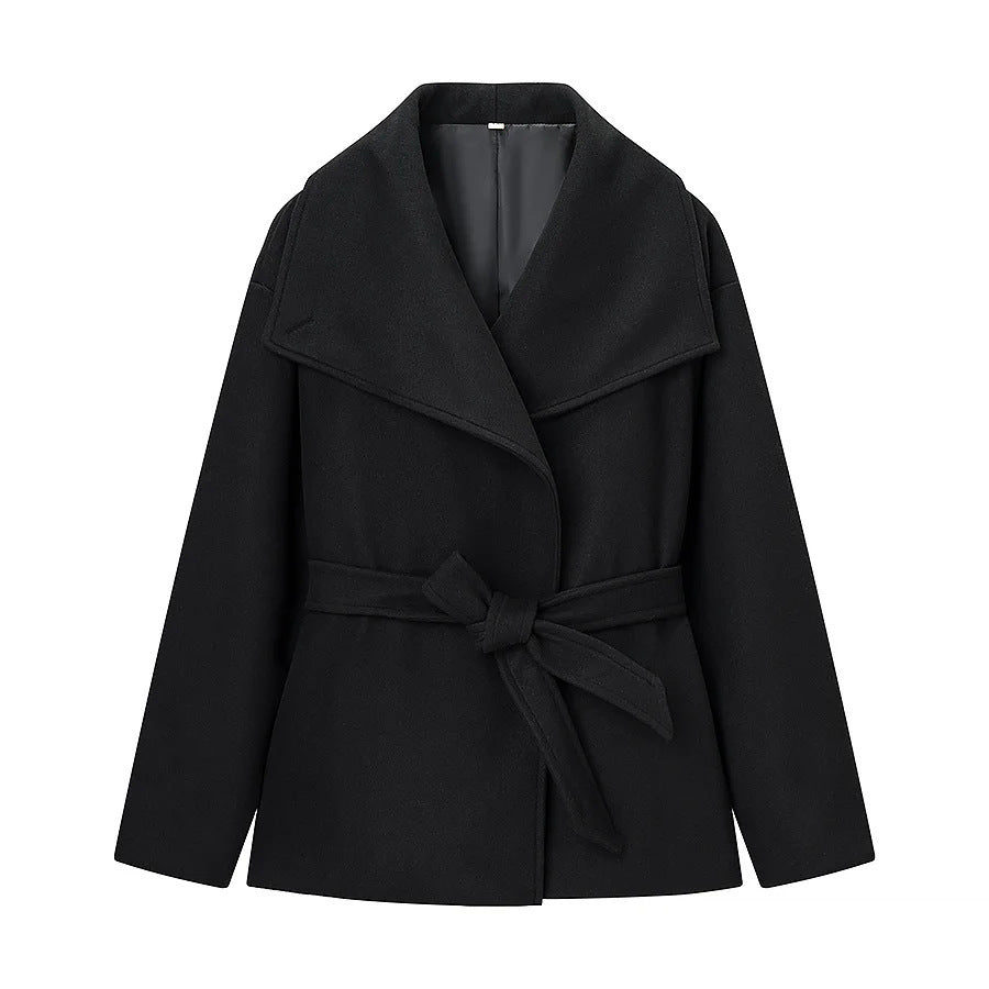 Women's cropped wool blend coat with dropped shoulder, large shawl collar and tie belt Mune Fashion