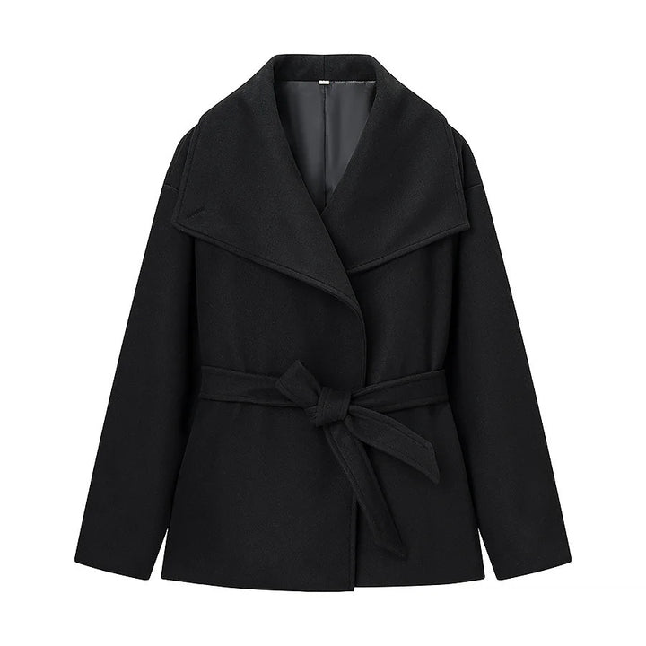 Women's cropped wool blend coat with dropped shoulder, large shawl collar and tie belt Mune Fashion