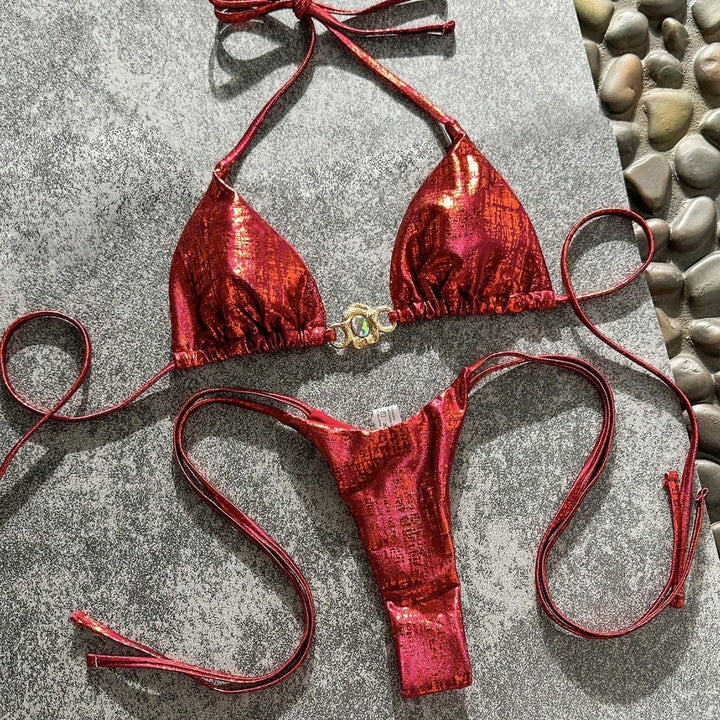 Women Shiny Triangle Bikini with Jewelry Detail Mune Fashion