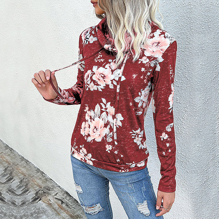 Women's Floral Lightweight Hooded Pullover with Cascade Collar and Drawstring Mune Fashion