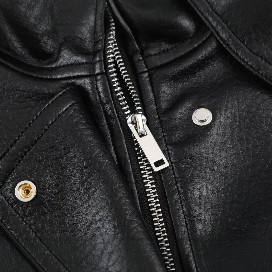 Women's Oversized Faux Leather Field Jacket with High Stand Collar and Flap Pockets Mune Fashion