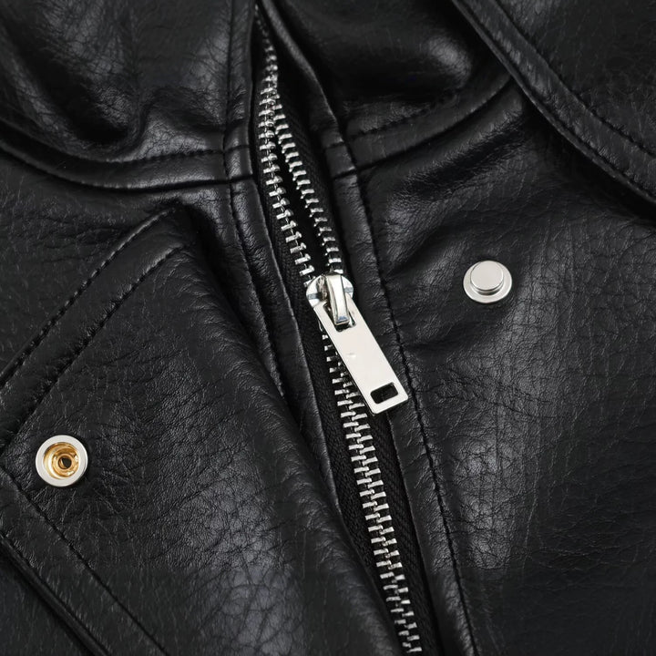 Women's Oversized Faux Leather Field Jacket with High Stand Collar and Flap Pockets Mune Fashion