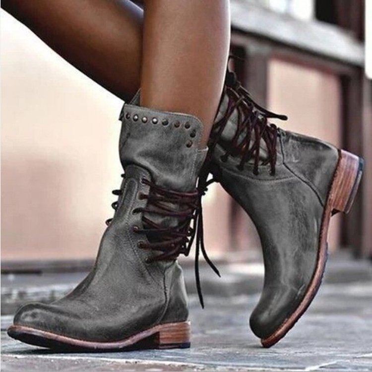 Women's Vintage Leather Lace-Up Boots with Studded Details and Mid Block Heel Mune Fashion