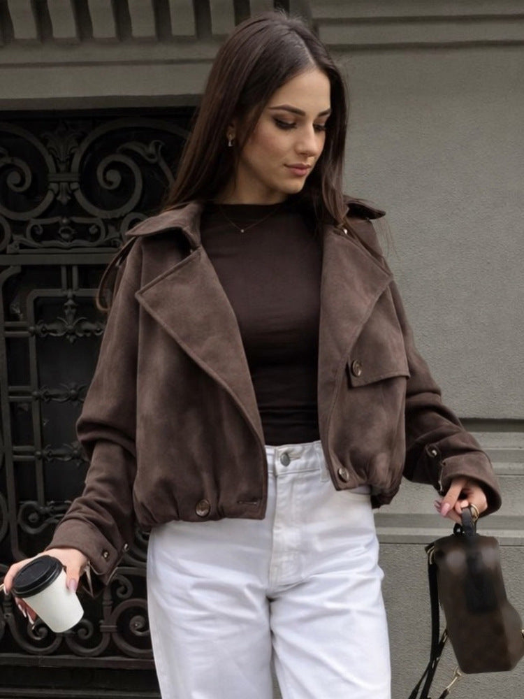 Women's Short Suede Leather Bomber Jacket with Voluminous Lapels, Epaulettes, and Fitted Elastic Hem Mune Fashion