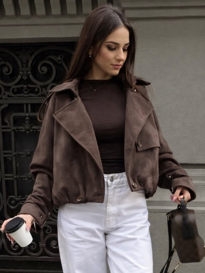 Women's Short Suede Leather Bomber Jacket with Voluminous Lapels, Epaulettes, and Fitted Elastic Hem Mune Fashion