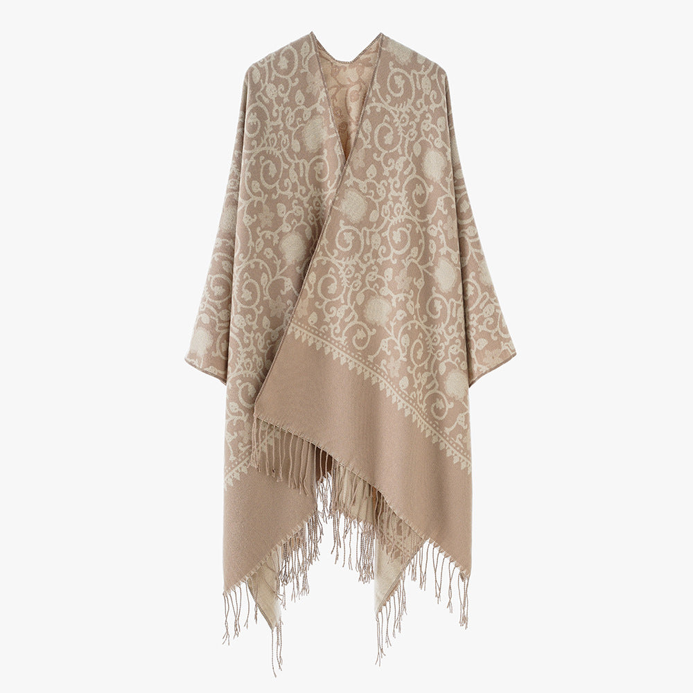 Women's Jacquard Ruana with ornamental border pattern and fringe hem Mune Fashion