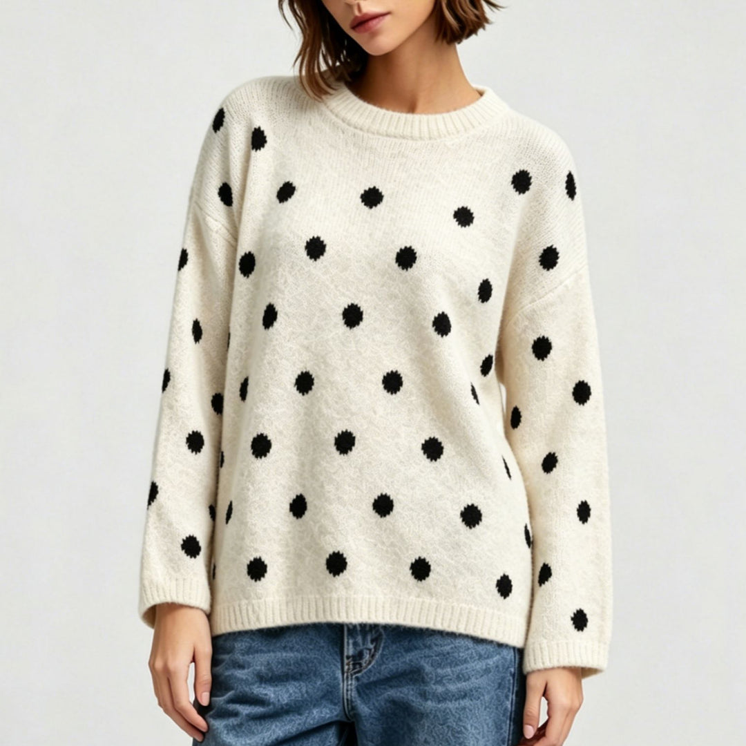 Women's Oversized Knit Sweater with Subtle Dot Pattern and Round Neckline Mune Fashion