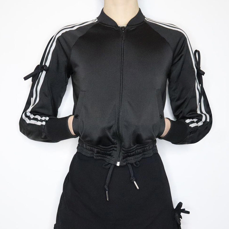 Women's sporty zip jacket in bomber style with side stripes, sleeve ties, and drawstring hem Mune Fashion