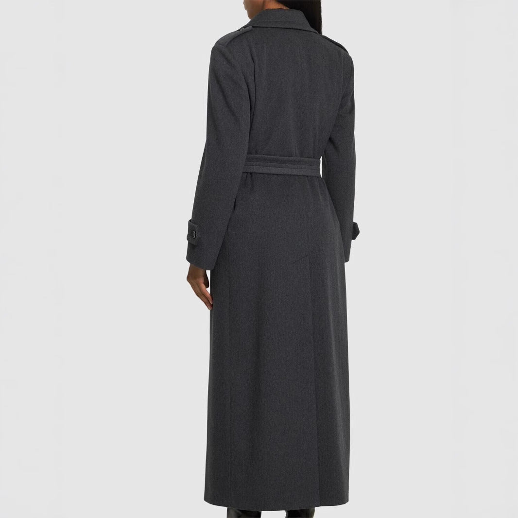 Women Long Double-Breasted Wool Coat with Waist Belt Mune Fashion