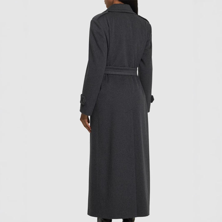 Women Long Double-Breasted Wool Coat with Waist Belt Mune Fashion