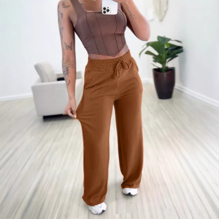 Ladies high-waisted lounge pants with wide leg, drawstring and side pockets Drune