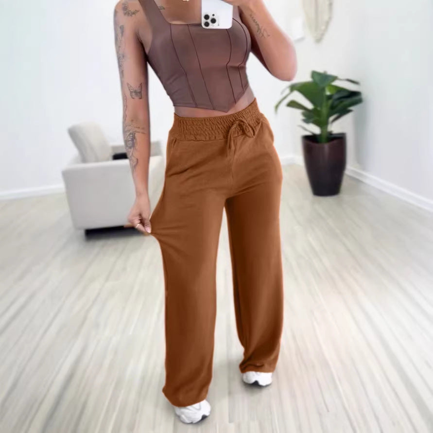 Ladies high-waisted lounge pants with wide leg, drawstring and side pockets Drune