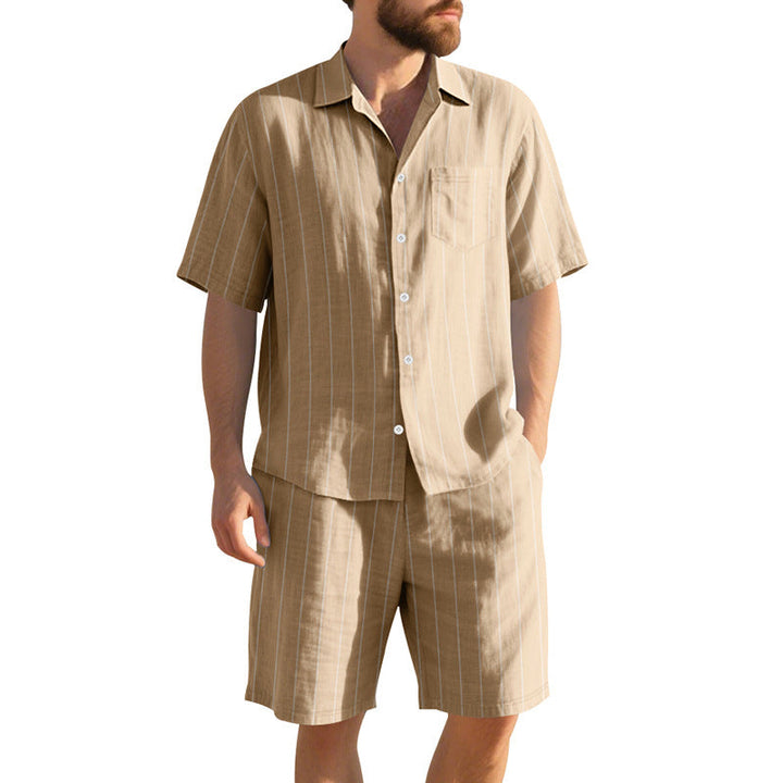 Men's Short Sleeve Pajama Set with Subtle Striped Pattern and Practical Chest Pocket Mune Fashion