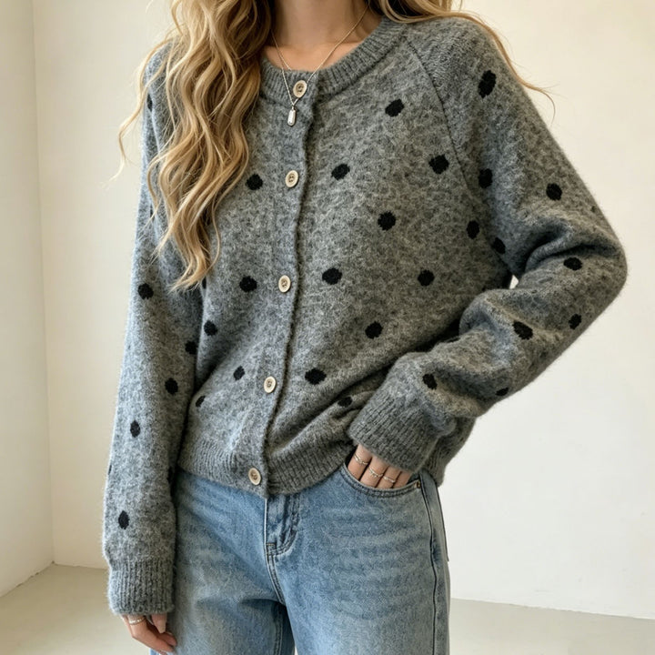 Women's Polka Dot Mohair-Style Button Cardigan with Round Neck Mune Fashion