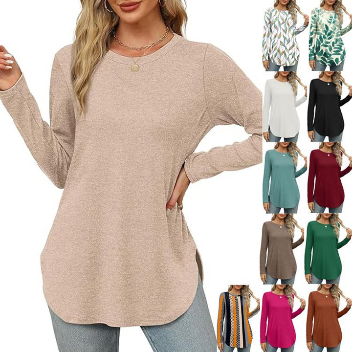 Women's Casual Long Sleeve Tunic Top with Round Neck, Side Slits and Watercolor Leaf Print Mune Fashion