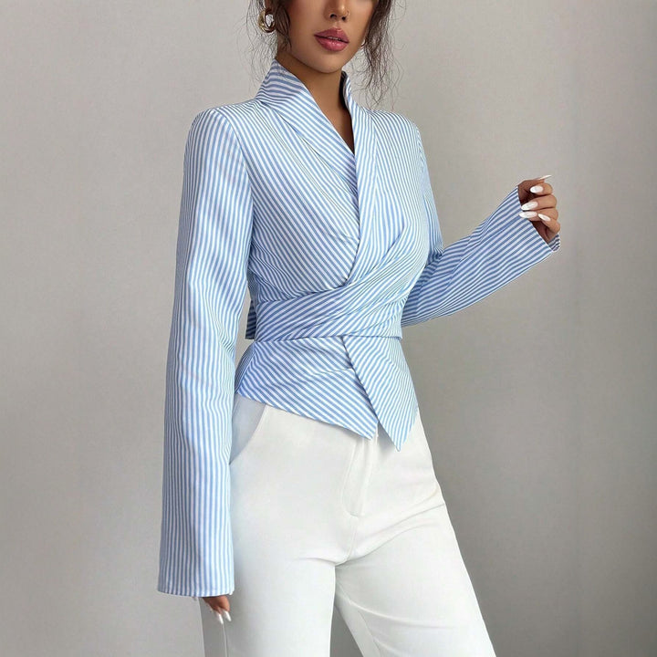 Women's Striped Wrap Blouse with Shawl Collar and Tailored Silhouette Mune Fashion