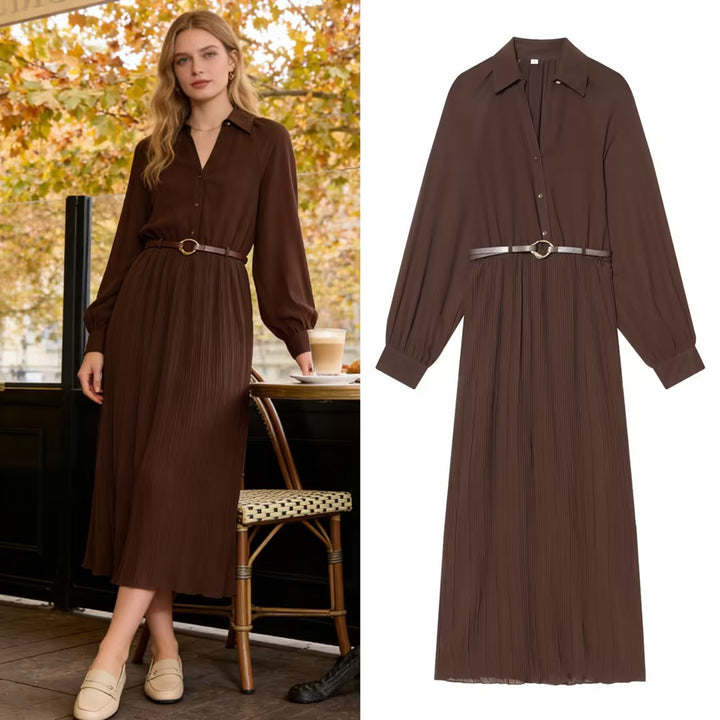 Women Pleated Shirt Dress with Balloon Sleeves, Concealed Button Placket, and Waist Belt Mune Fashion