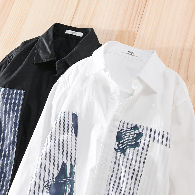 Men's Casual Overshirt made of cotton poplin with striped patch inserts and brush print Mune Fashion