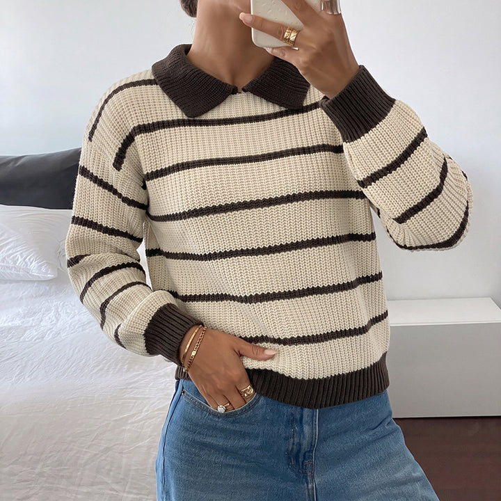 Ladies Fashionable Knit Sweater with Collar and Block Stripes Mune Fashion