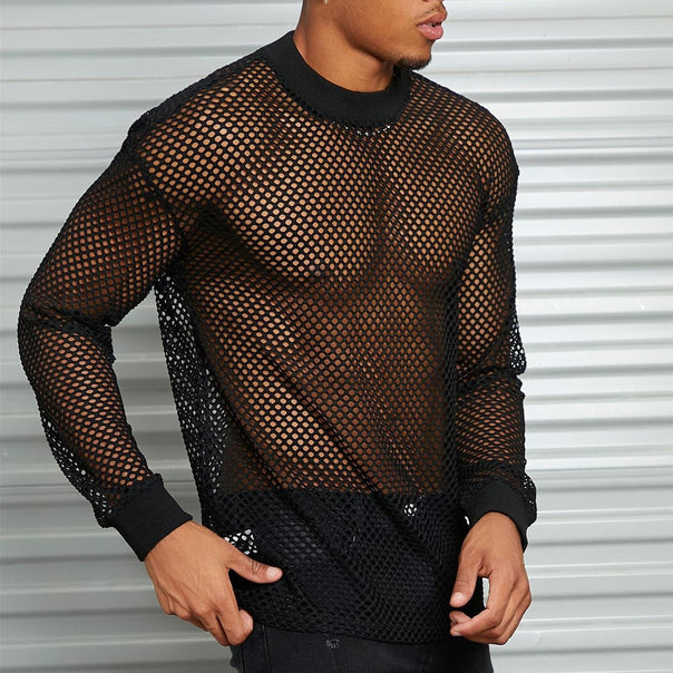 Men's transparent mesh long sleeve shirt with round neck and ribbed cuffs Mune Fashion