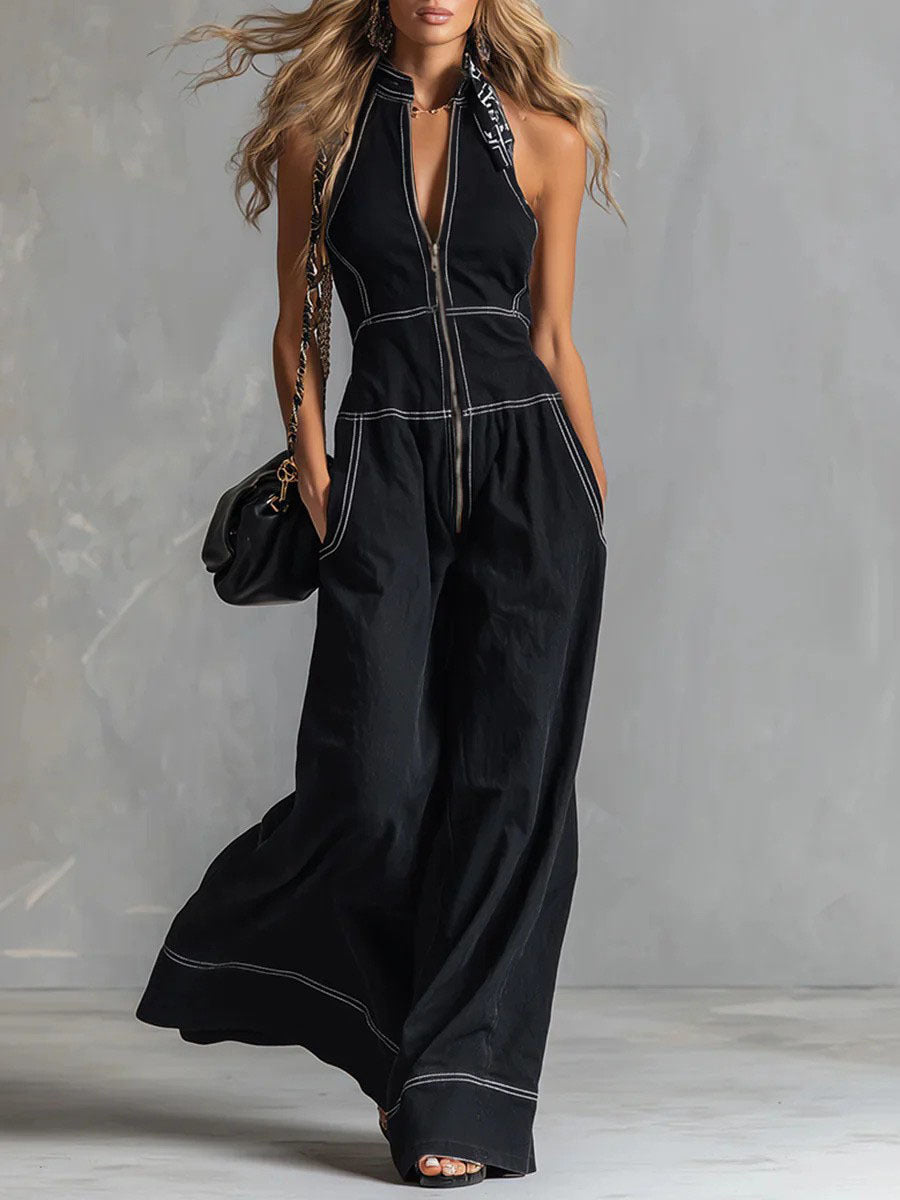Women's Sleeveless Halter Jumpsuit with Zipper, Wide Leg and Side Pockets Mune Fashion