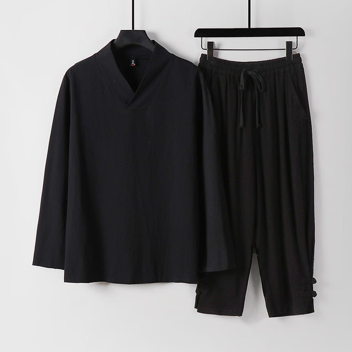 Men's Loose Loungewear Set with V-Notch Stand Collar and Drawstring Pants Mune Fashion